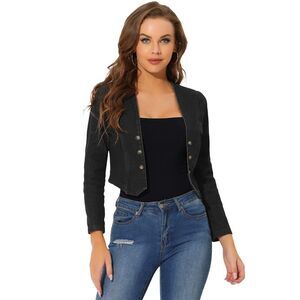 Denim Jacket Collarless Open Front Casual Crop Shrug Black